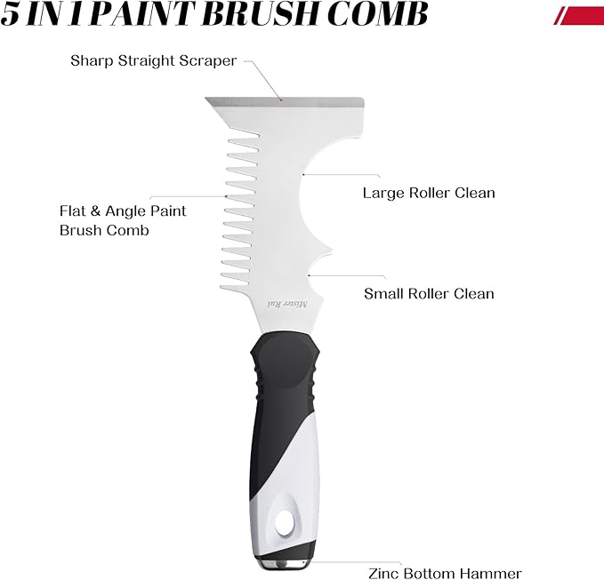 Mister Rui 5 in 1 Paint Brush Comb and Roller Cleaner Tool, Stainless Steel Paint Brush Cleaner with Hammer Base & Anti-Slip Grip, for Professional Painters & DIYers