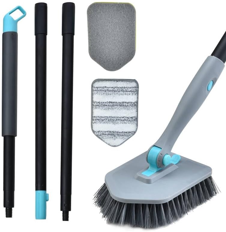 Long Handled Scrub Brush for Shower,3-in-1 Cleaning Brushes with 3 Different Function Cleaning Heads Brush for Shower Cleaning Bathroom Kitchen Walls Tub Tile (Grey)
