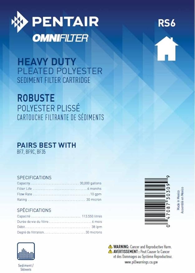 Pentair OMNIFilter RS6 Sediment Water Filter, 10-Inch, Whole House Heavy Duty Big Blue Pleated Replacement Cartridge, 10" x 4.5"
