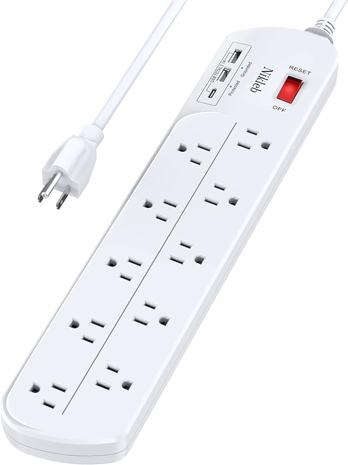 Long Power Strip, Multi Plug Outlet Extender Nikleb with 10 Outlets, Heavy Duty Extension Cord with 2 USB+1 Type C Ports, USB Plug Adapter Surge Protector for House, Garage, Patio, Basement