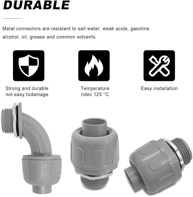 1/2 inch Liquid Tight Connector PVC Flexible Conduit Connector UL Listed Liquid Tight Conduit Fittings 10 Pack (5 pcs 180D/5 pcs 90D)