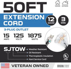 Iron Forge Cable 12 Gauge Extension Cord with Multiple Outlets - Black Heavy Duty Extension Cord 50 ft - 12/3 SJTOW, 3 Prong Lighted Outlet Cords