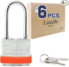 LanuBe Lock Laminated keyed Padlock (1-9/16", 40mm), keyed Alike Locks, Long Shackle,Marked Orange Plastic Hoop, Pack of 6