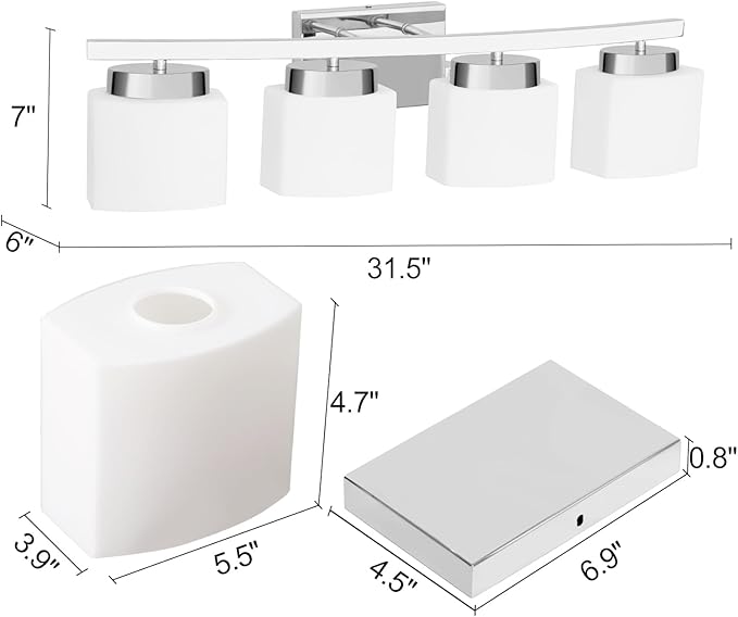 4-Light Modern Chrome Vanity Light Fixture with White Glass Shade for Bathroom Over Mirror, 31.5 Inches