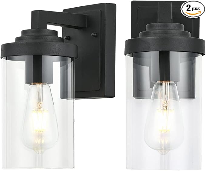 Outdoor Indoor Wall Sconce Set of 2, Modern Exterior Wall Lantern with Clear Glass, Black Outside Lighting Wall Mount for Porch Patio Bathroom Vanity