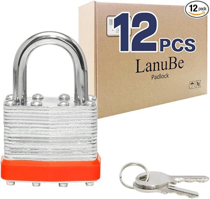 LanuBe Lock Laminated keyed Padlock (1-9/16", 40mm), keyed Alike Locks, Normal Shackle,Marked Orange Plastic Hoop, Pack of 12