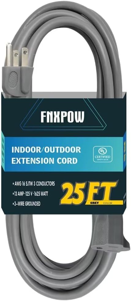 Indoor Outdoor Extension Cord 25 FT Waterproof, 16/3 Gauge Heavy Duty Gray Extension Cords, 13A 1625W SJTW Extension Cord with 3 Prong Grounded Plug, Great for Tools, Lights, UL Listed.