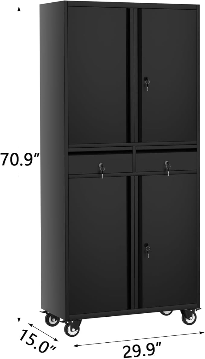 GarveeHome 72" Metal Storage Cabinet with Wheels, Locking Doors & 2 Drawers,Heavy Duty Rolling Garage Organizer with 3 Adjustable Shelves (with Wheels, with 2 Draws)