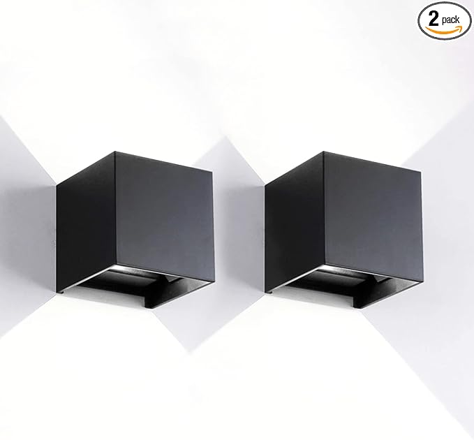 2 Pack LED 20W Outdoor Sconce Wall Lights Interior/Exterior Up and Down Lights IP65 Waterproof Sconce Outdoor Lighting Fixtures Square Aluminum Wall Mount Light Black 6500K Cold Lights