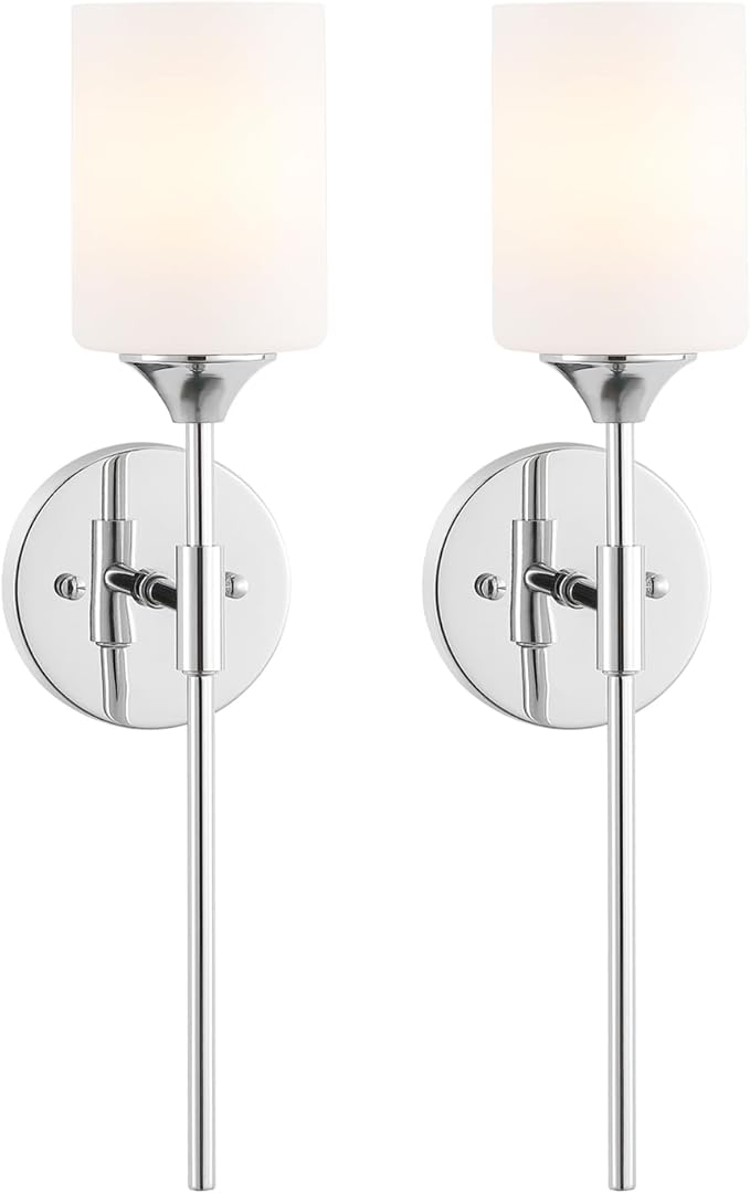 Modern Wall Sconce Set of 2 White Cylinder Glass Shades Mid Century Bathroom Vanity Wall Light Fixtures Industrial Wall Lamp for Bedroom Mirror Living Room Restaurant(Chrome Color)