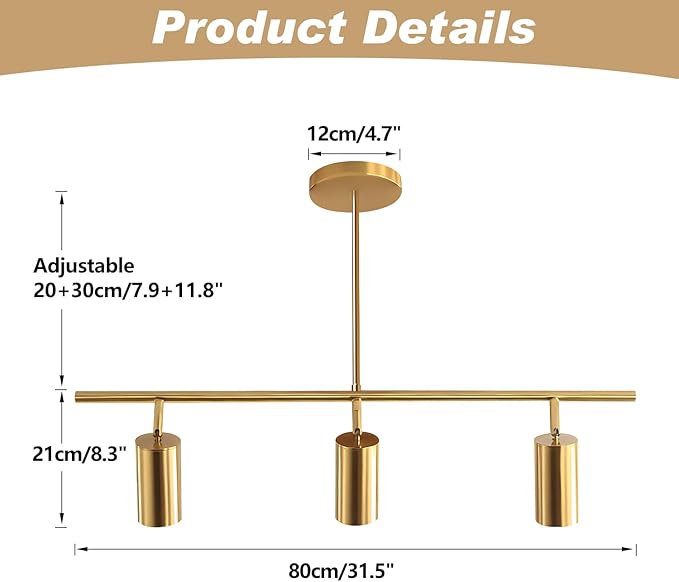 KCO Lighting Linear Pendant Light Ceiling Track Spotlight Gold 3-Light with Rods Adjustable Hanging Lighting Fixture for Dining Room Kitchen