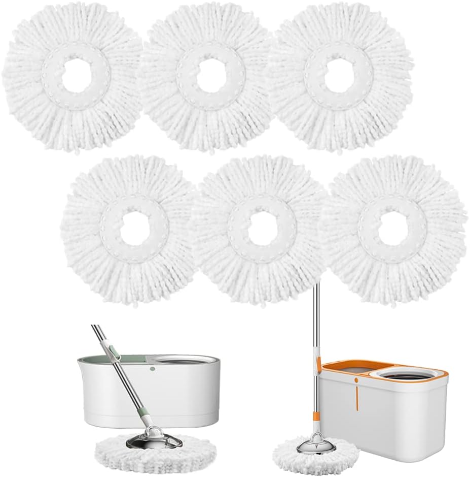 Spin Mop Refills Replacement 360° Microfiber Spin Mop and Bucket Head Round Shape Standard Size Easy Cleaning Spin Mop Systems 6-Pack White