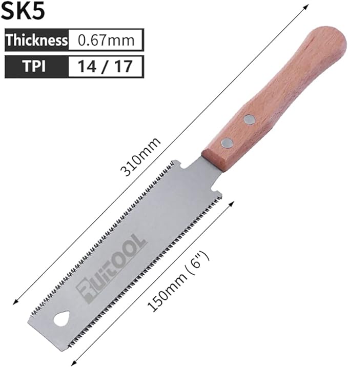 RUITOOL Japanese Hand Saw 6 Inch Double Edge Sided Pull Saw Ryoba SK5 Flexible Blade 14/17 TPI Flush Cut Beech Handle Wood Saw for Woodworking Tools