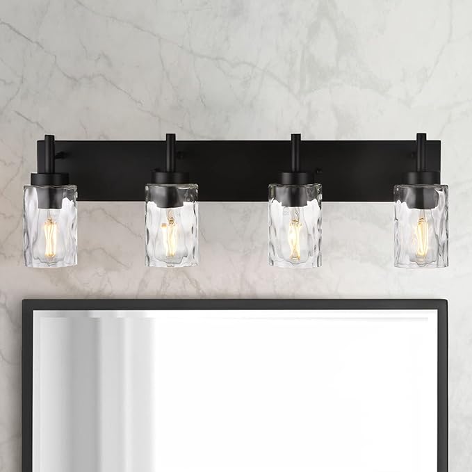 BONLICHT 4 Light Wall Vanity Bathroom Lights with Clear Hammered Glass in Black Finish,Modern Farmhouse Sconces Wall Lighting Fixtures Over Bath Makeup Mirror Industrial Wall lamp for Kitchen Hallway