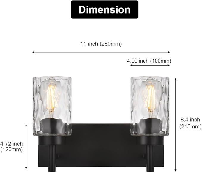 BONLICHT 2 Light Farmhouse Wall Sconce Vanity Lights Modern Black Bathroom Lighting Fixtures with Hammered Glass Shade,Industrial Porch Metal Wall Mount Lamp for Hallway Kitchen Bedroom Laundry Room