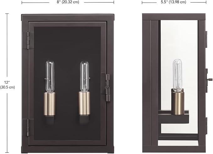 GLOBE Electric 60000131 2-Light Outdoor Wall Sconce, Dark Bronze, Matte Brass Accents, Weatherproof Glass Door Closure