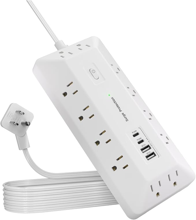 16-in-1 Surge Protector Power Strip with Multi-Function Stand, 6 Outlets with 2 USB-C (20W PD) and 2 USB-A (18W) Ports, 6FT Extension Cord for Home Office Desktop and Dorm (White)