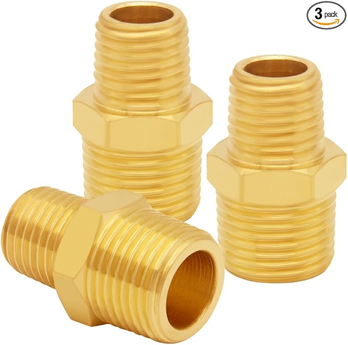 3PCS Brass Reducer Adapter, 1/8" NPT Male to 1/4" NPT Male Thread, Hex Reducing Pipe Fitting Coupler Nipple Connector for Water/Oil/Gas