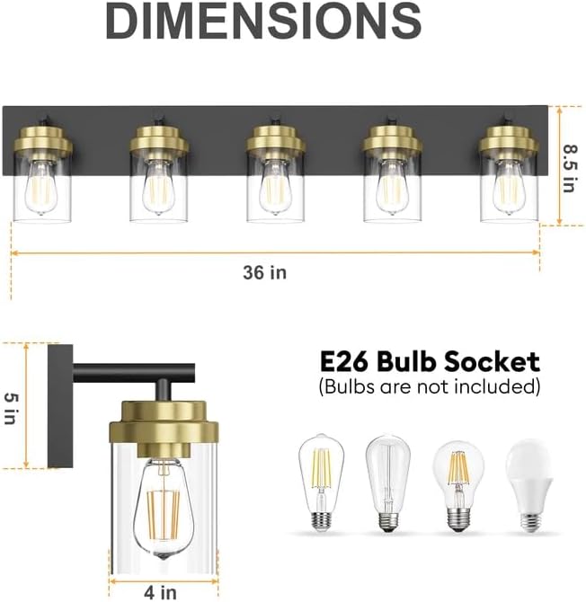 IZORRO Bathroom Vanity Light Fixture, 5-Light 36 Inch Black and Gold Bathroom Light Fixtures Over Mirror, with Clear Glass Shade, Modern Farmhouse Vanity Lights, Rustic Restroom Lighting Fixtures