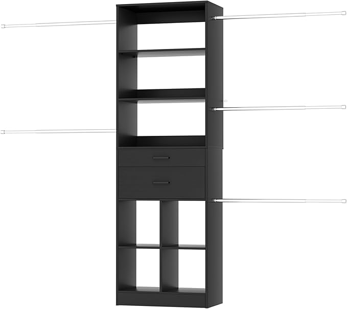 Closet System, 4-8 FT Closet Organizer Tower with 2 Wooden Drawers and Shelves, Can Fit 60 to 96 inch Walk-in Closet System with 5 Hang Rods, Built-in, Black