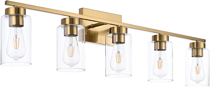 5 Light Bathroom Vanity Light Fixtures, Brushed Brass Modern Wall Lights with Clear Glass Shade, Vintage Wall Sconce Lighting for Living Room, Mirror, Bedroom, Hallway (Gold, 5-Lights)
