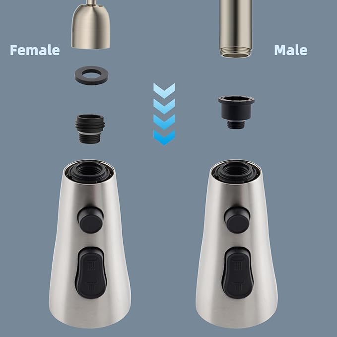 iFealClear Universal Metal Kitchen Faucet Head Replacement, Pull Down Kitchen Sink Faucet Sprayer Head, Compatible with Moen, Delta, American Standard Faucets,15 Adapters, 3 Modes, Brushed Nickel