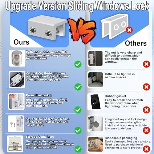 6 Sets Sliding Window Locks With Key - Up and Down, Vertical & Horizontal Security Locks - Easy to Install Adjustable Aluminum Stopper Lock (Silver)