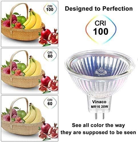 Vinaco MR16 Halogen Bulb 6 Pack, 20W 12V, 3000Hrs, Warm White, Dimmable, GU5.3 Base, Landscape & Track Lights