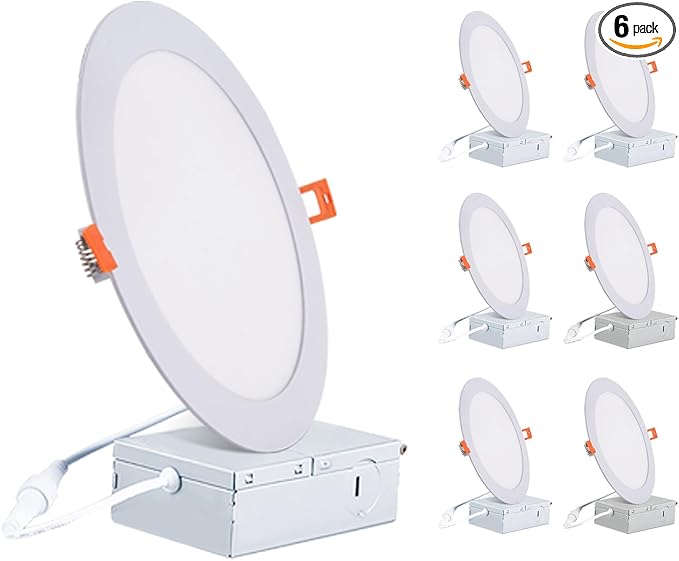 8 Inch LED Recessed Light,18W 6000k Daylight,No Dimmable,6Pack Ultra Thin LED Recessed Lighting with Junction Box. 8" Recessed Ceiling Wafer Canless Fixtures .Slim Can-Killer Lights,CRl90+