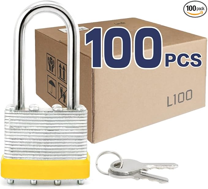LanuBe Lock Laminated Steel Padlock (1-9/16", 40mm), keyed Alike Locks, Long Shackle,Marked Yellow Plastic Hoop, Pack of 100