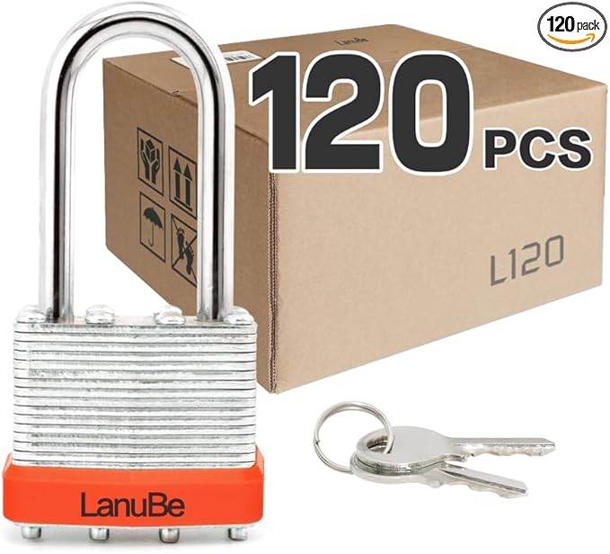 LanuBe Lock Laminated keyed Padlock (1-9/16", 40mm), keyed Alike Locks, Long Shackle,Marked Orange Plastic Hoop, Pack of 120