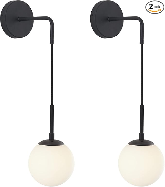 KCO Lighting Frosted White Glass Wall Sconce Set of Two Black Globe Ball Wall Light Adjustable Cord Industrial Vanity Wall Lamp for Bathroom Mirror Bedside Stairs (White)