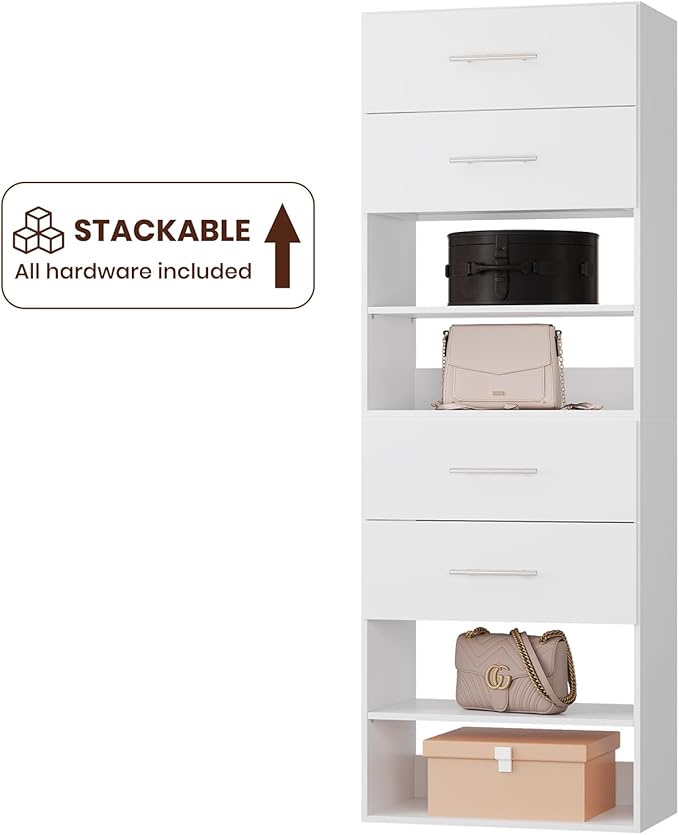 ROOMTEC 19.5" 2 Drawer Short Tower Closet Unit, Modular Closet System with Drawers and Shelf, Wardrobe Organizer for Bedroom or Walk-in Closet, Wall Mounted, Customizable Clothes Storage Unit, White