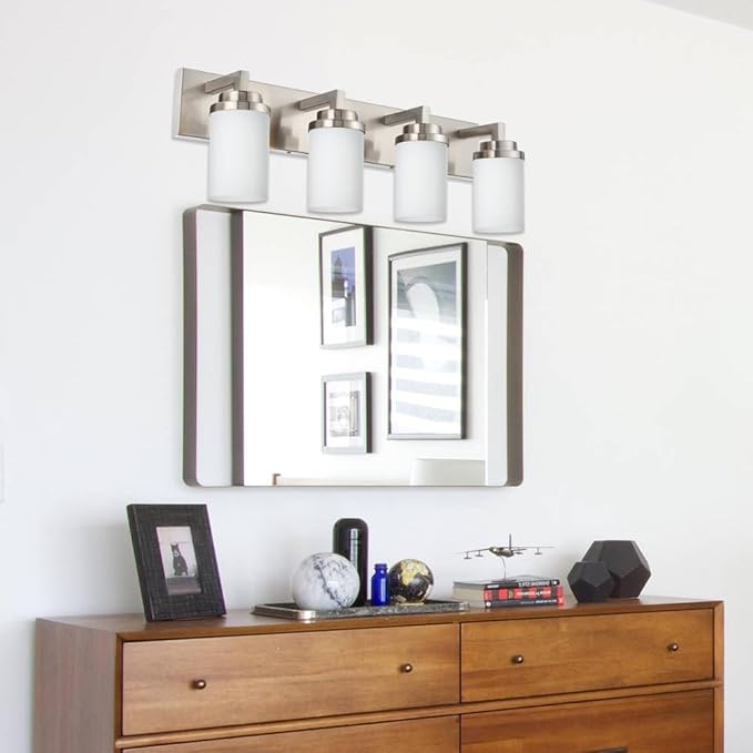 TODOLUZ Bathroom Vanity Light Fixture Over Mirror with Brushed Nickel, Modern 4-Lights Wall Sconces Lighting for Bedroom Living Room Opal White Glass Shades
