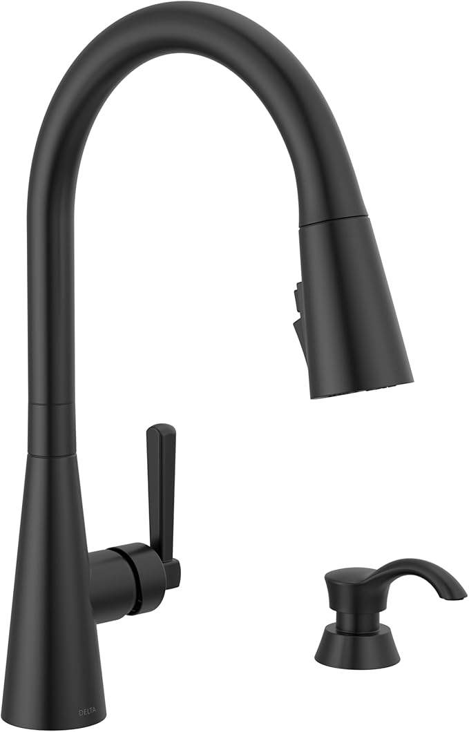 Delta Boyd Matte Black Kitchen Faucet with Pull Down Sprayer and Soap Dispenser, Modern Single Hole Kitchen Sink Faucet, Single Handle, Matte Black 19893Z-BLSD-DST