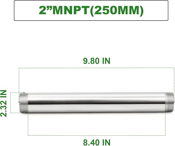 TAISHER 1PCS Stainless Steel Pipe Fittings, 2" NPT Male x 2" NPT Male Threaded, 10" Length Nipple Cast Pipe