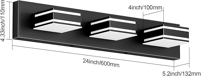 Ralbay LED Modern Bathroom Vanity Lights Black 3-Light 24inch Matte Black Modern Acrylic Bathroom Wall Lighting Fixtures Over Mirror