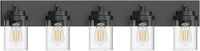 Bathroom Vanity Light Fixture with Clear Glass Shade, 5-Light Matte Black Bathroom Light Fixtures Over Mirror, Modern Vanity Lighting Fixtures for Bathroom/Living Room/Bedroom, E26 lamp Holder
