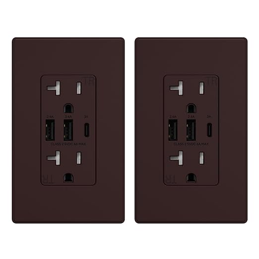 ELEGRP USB Outlets Receptacles, 3-Port Wall Outlet, 30W 6.0A Electrical Outlet, 15 Amp Tamper-Resistant Outlet with Type C Ports, UL Listed, Wall Plate Included, 2 Pack, Matte Brown
