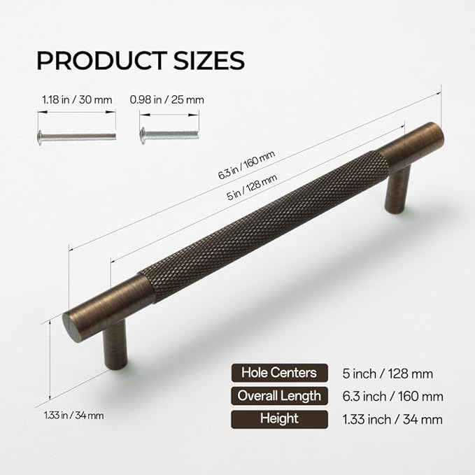Solid Brass Cabinet Pulls, Knurled Cabinet Pull, Antique Brass Drawer Handles for Bathroom, Bedroom, Kitchen (2, 6.3inch/160mm)