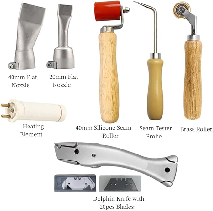 1600W Hot Air Plastic Welder Gun, Flooring Tool Set Handheld Torch Welder Pistol Vinyl PVC TPO Welding Heat Gun Roofing Flooring Welding Repair Tool Set with Seam Tester Prob, Various Welding Nozzles