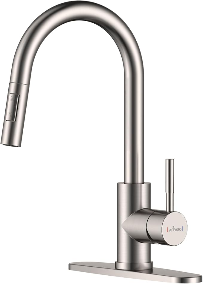 APPASO Kitchen Faucet with Pull Down Brushed Nickel, Single-Handle High Arc Swan-Neck Modern Kitchen Sink Faucet with Optional Deck Plate Stainless Steel