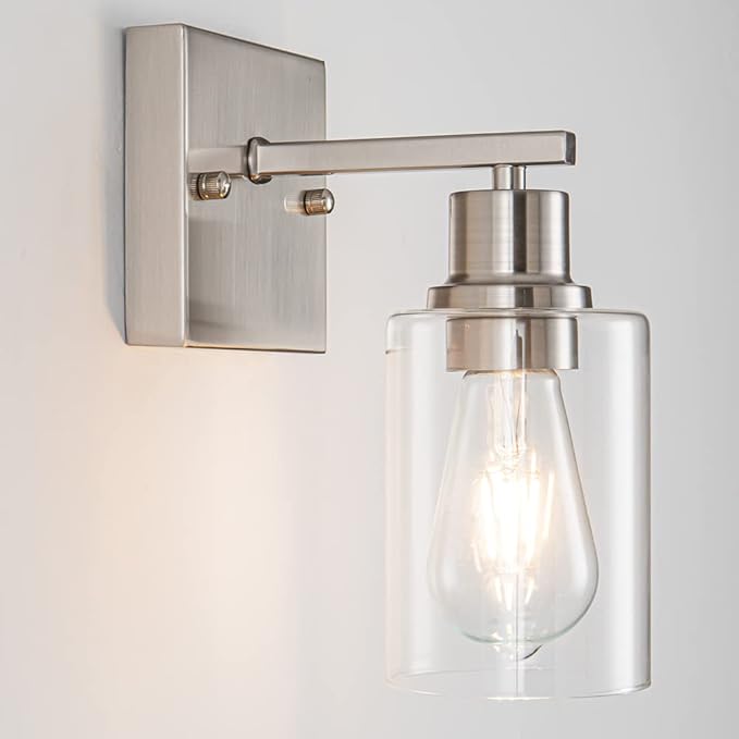 EMONG Brushed Nickel Bathroom Light Fixtures, 1-Light Vanity Lights with Clear Glass Shade, Wall Sconces for Hallway, Farmhouse, Living Room, Kitchen