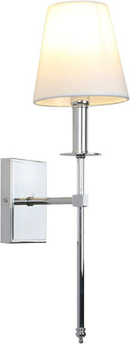 PERMO Single Classic Rustic Industrial Wall Sconce Lighting Fixture with Flared White Textile Lamp Shade and Chrome Tapered Column Stand