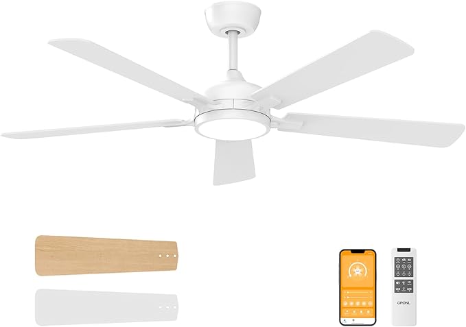 52 Inch White Ceiling Fan with Light with Remote Control, Large Air Volume, modern ceiling fan with light for Bedroom Kitchen Dining room Patio- Donwrod Mount