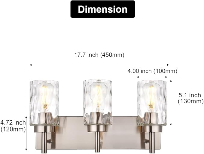 BONLICHT Brushed Nickel Vanity Light Modern 3 Light Bathroom Lighting Fixture Over Mirror with Clear Hammered Glass Shade, Industrial Indoor Farmhouse Wall Mounted Lamp for Powder Room Kitchen Hallway