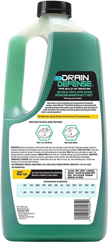Zep Drain Defense Pipe Build-Up Remover - 64 oz (Case of 2) ZLDC648 - Professional Strength