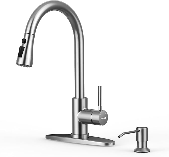 WEWE Kitchen Faucet with Soap Dispenser and Pull Down Sprayer, RV Single Handle Classic 3 Modes Stainless Steel Faucet for Kitchen Sink, RV, Brushed Nickel