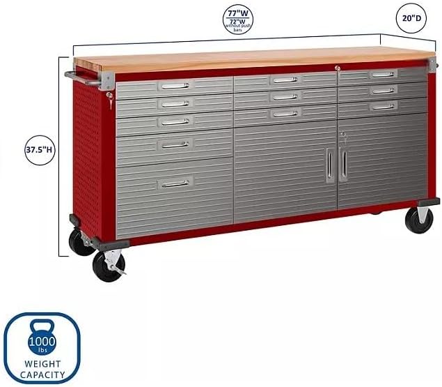 Heavy Duty 8-Piece Steel Garage Cabinet Storage Set with Rolling Workbench, 12 Feet Wide (Red)