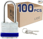 LanuBe Laminated Padlock 1-9/16inch (40mm) Long Shackle 100 Pack Keyed Alike, Blue Plastic Hoop, Bulk Locks for Warehouse, School